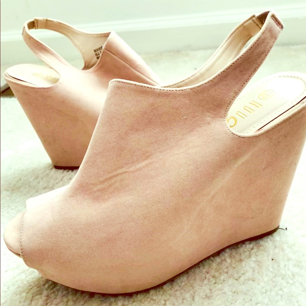 Pale Pink Suede Peep toe Wedges